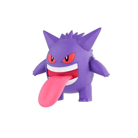 Purple Gengar model kit toy with red eyes and extended pink tongue on white background