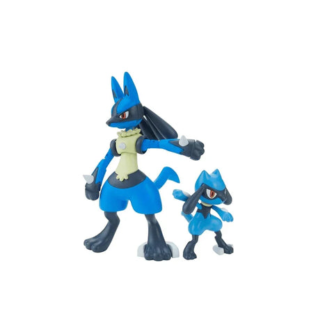 Pokemon model kit featuring blue Lucario and Riolu action figures on white background
