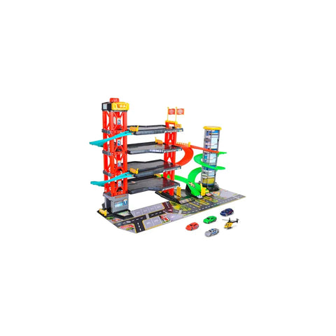 Toy parking garage playset with four levels, ramps, toy cars, and a helicopter