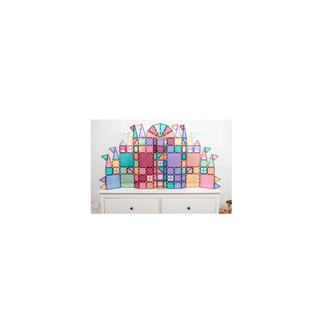 Pastel magnetic tiles building set for kids, colorful geometric toy blocks arranged on dresser