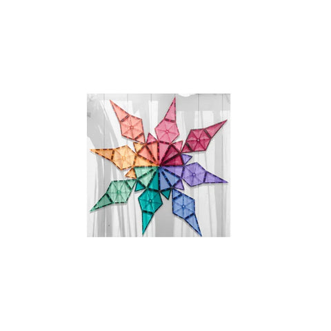 Pastel magnetic building tiles arranged in a colorful star shape on a white background