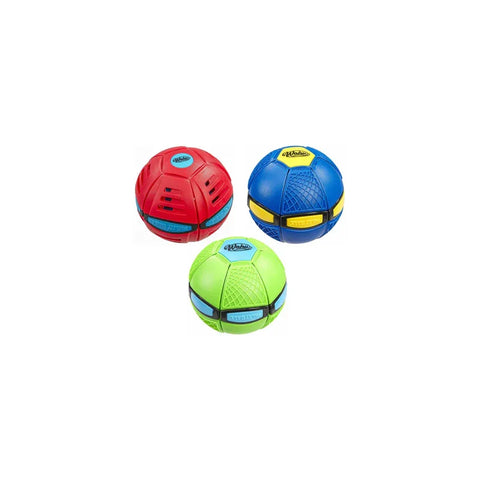 Three colorful Phlat Ball toys in red, blue, and green, perfect for active play.