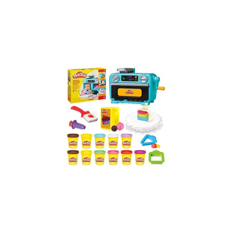 Play-Doh cake playset with oven toy, molds, tools, and colorful dough containers
