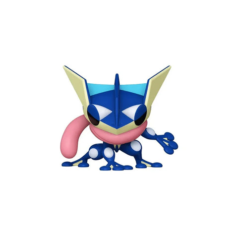 Greninja Pokémon collectible vinyl figure with blue and yellow features, pink tongue scarf