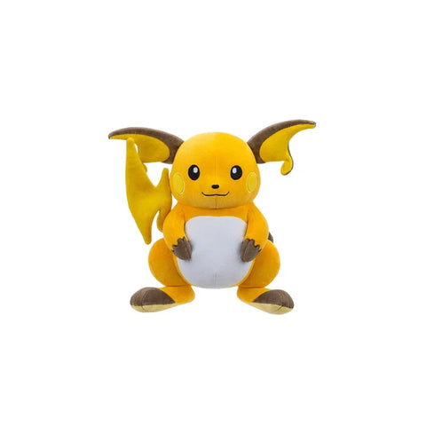 Cute yellow Raichu plush toy with large ears and brown-tipped tail on white background