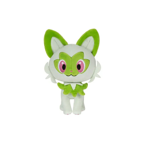 Green and white Pokémon plush toy with large ears and pink eyes, collectible stuffed animal
