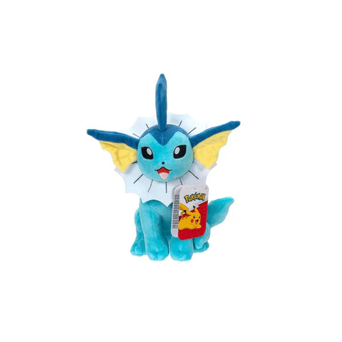 Vaporeon 8-inch plush toy with blue body, yellow fins, and official Pokémon tag