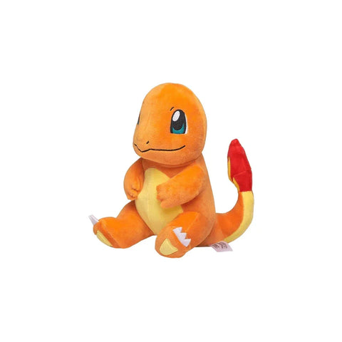 Orange Pokemon character plush toy with flame tail, sitting on white background