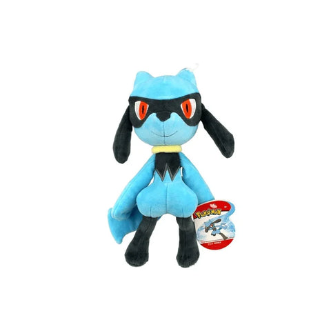 Blue Pokémon Riolu plush toy with black and yellow details, tag attached, white background.