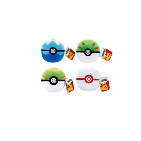 Assorted Pokemon ball plush toys set of four with colorful designs and tags