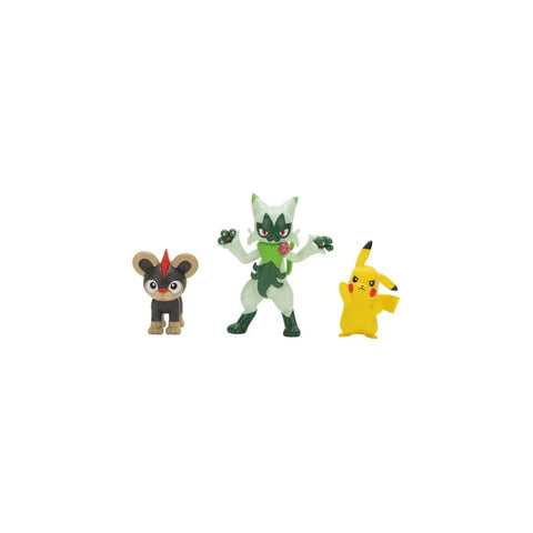 Pokemon battle figure set featuring Pikachu, Floragato, and Litleo collectible toys