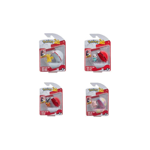 Four Pokemon Clip 'N' Go toy packs with figures and Pokeballs in retail packaging