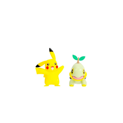 Pikachu and Turtwig collectible Pokemon figure toys on a white background
