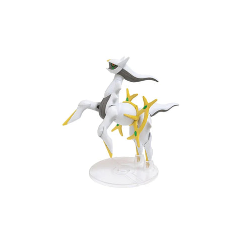 Arceus Pokemon model kit figure with white, yellow, and gray details on a display stand