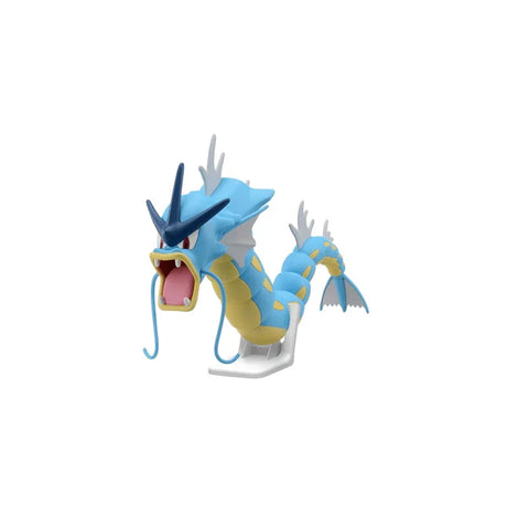 Blue Gyarados model kit toy figure with open mouth on display stand, collectible game toy