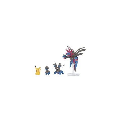 Pokemon Hydreigon evolution model kit figures and Pikachu toy on white background