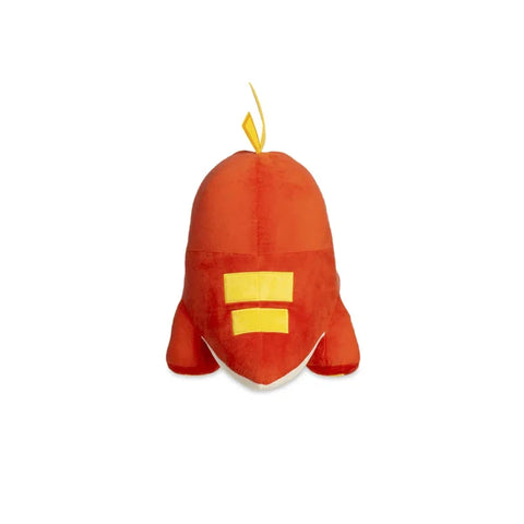 Fuecoco Squishmallow plush toy, red with yellow details, viewed from the back