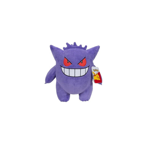 Purple Gengar plush toy with red eyes and wide grin on white background, collectible toy