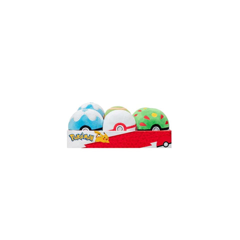 Assorted plush Poké Ball toys in a display box, ideal for Pokémon fans and collectors.