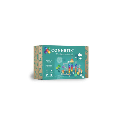 Connetix magnetic tiles rainbow ball run 92 piece pack box with colorful marble track illustration