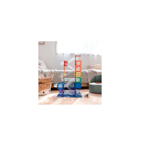 Rainbow ball run toy set with colorful magnetic tiles and marble track on a playroom floor