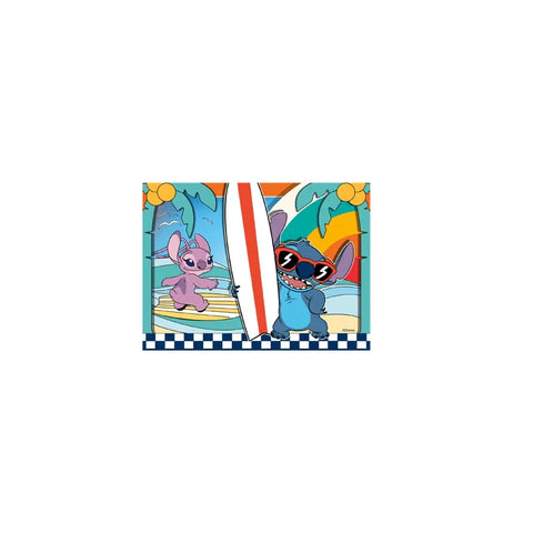Cartoon blue and pink characters with surfboard, palm trees, and sunset beach scene
