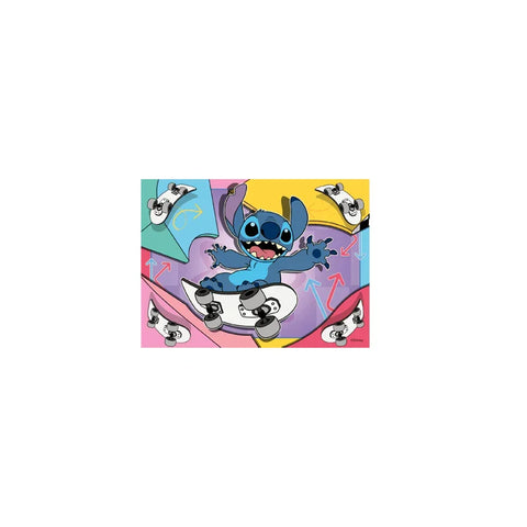Cartoon blue alien skateboarding on colorful background with arrows, kids toy illustration