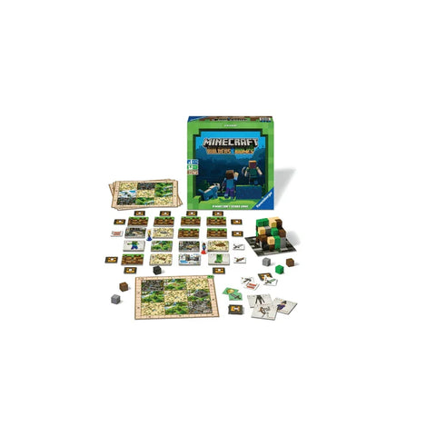 Minecraft Builders & Biomes board game set with game box, cards, boards, and blocks displayed