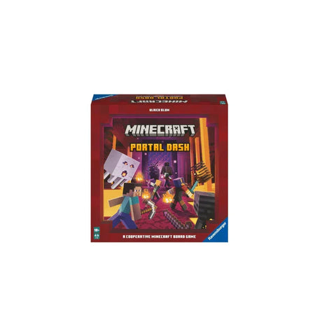 Minecraft Portal Dash board game box with pixelated characters and Nether setting