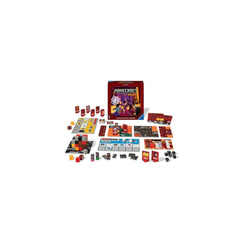 Minecraft Portal Dash board game set with cards, blocks, dice, and colorful game pieces