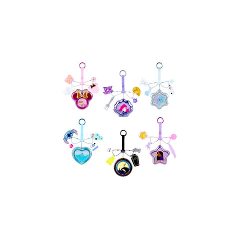 Set of colorful Disney-themed Tiny Tins keychains with mini collectible charms.