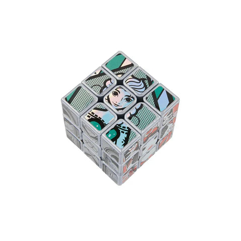 Pop art style puzzle cube featuring a cartoon character and geometric designs