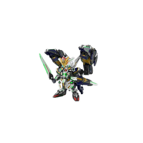 Chibi-style robot action figure with sword and colorful armor, collectible toy model