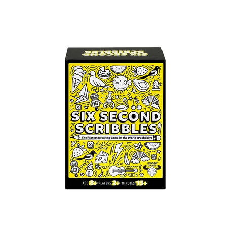 Six Second Scribbles drawing game box with doodles on yellow background, party game for ages 8+