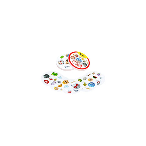Marvel Spot It card game set with illustrated superhero symbols on round cards
