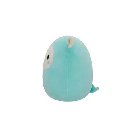 Blue plush lamb toy with rounded shape and soft texture, kid-friendly stuffed animal