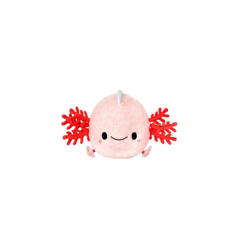Cute pink axolotl plush toy with red gills and smiling face, isolated on white background