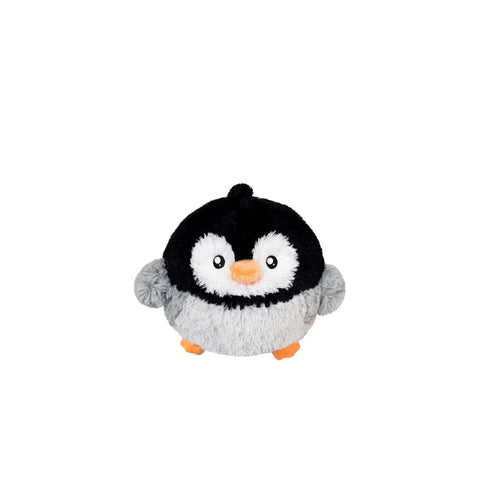 Cute round baby penguin plush toy with orange beak and feet on white background