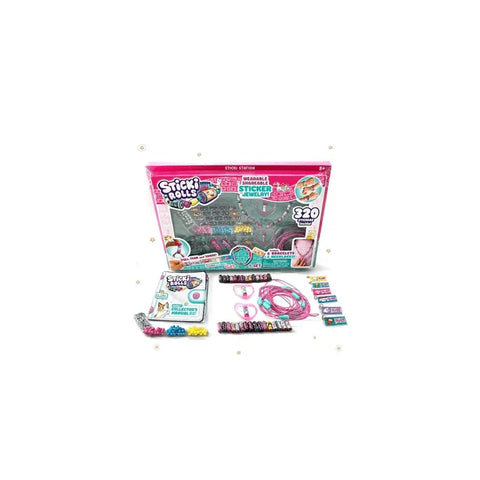Sticker jewelry craft kit for kids with colorful beads, bracelets, and sticker rolls displayed