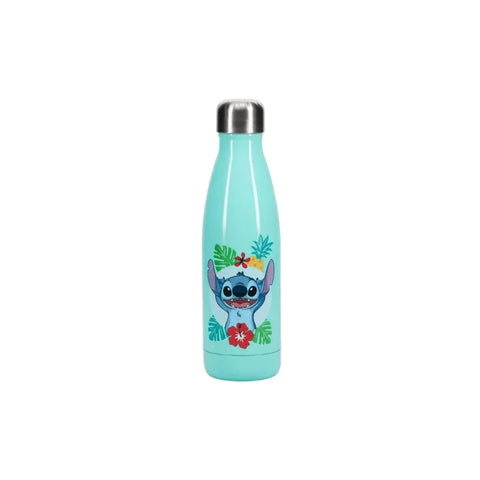 Aqua stainless steel water bottle featuring Stitch and tropical leaves design.
