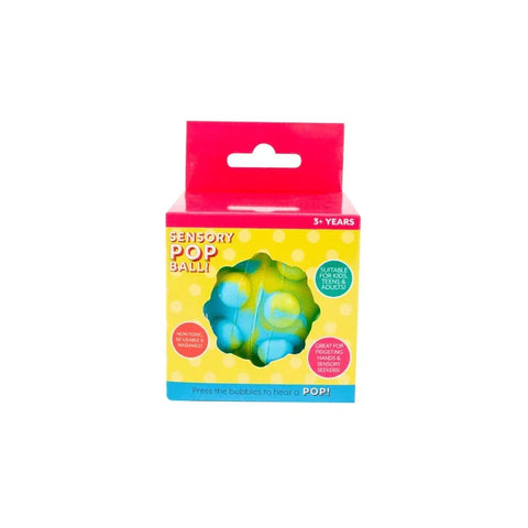 Sensory pop ball fidget toy in yellow and blue packaging for stress relief