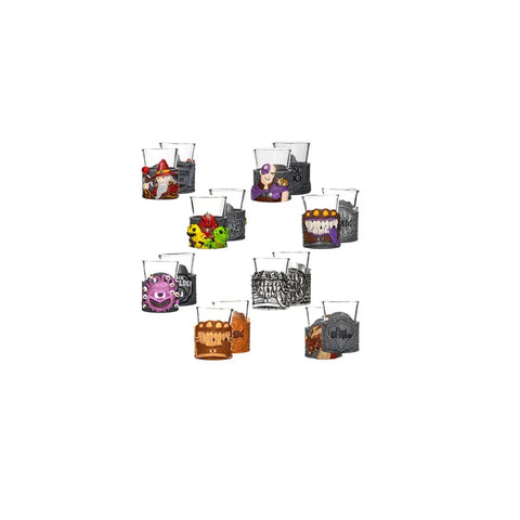 Set of fantasy-themed mini dice cups featuring colorful monsters and characters for tabletop gaming.