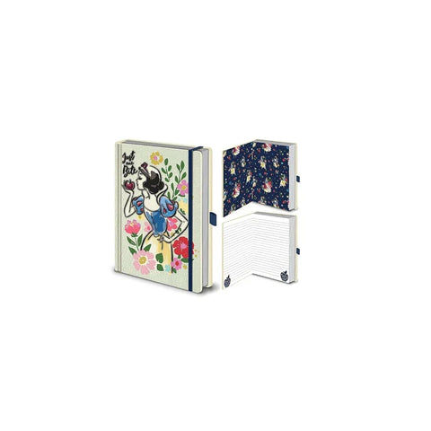 Snow White themed A5 premium notebook with floral cover, elastic band, and lined pages