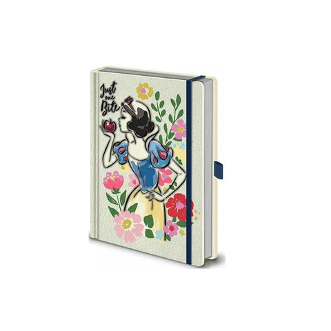 Snow White illustrated notebook with 'Just one bite' text and colorful floral design