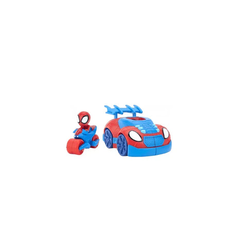 Spidey and Friends toy set with red and blue car and Spidey figure on bike