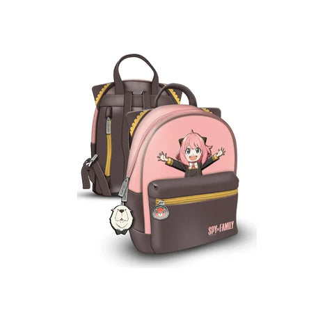 Pink and brown Spy x Family Anya kids backpack with anime character print and zipper charms