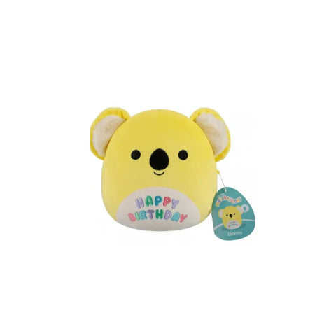 Yellow koala Squishmallow plush toy with 'Happy Birthday' on the belly, 7.5 inch collectible
