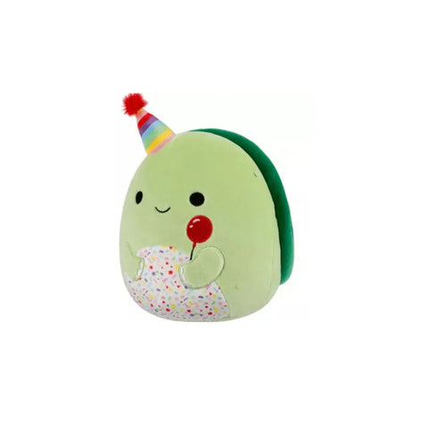 Cute green Squishmallow plush toy with party hat and lollipop, 7.5 inch celebration turtle