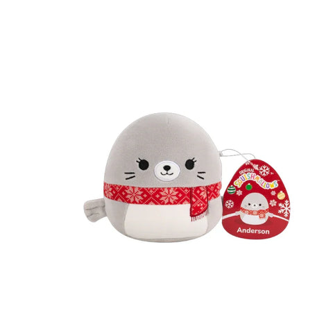 Grey seal plush toy wearing red holiday scarf with tag, Squishmallow Anderson collectible