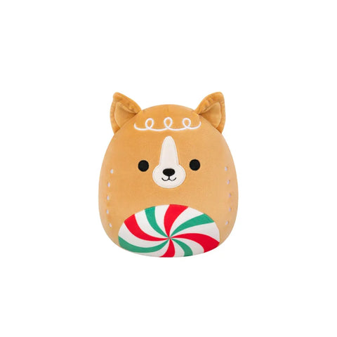 Brown corgi Squishmallow plush toy with gingerbread and peppermint design, holiday collectible